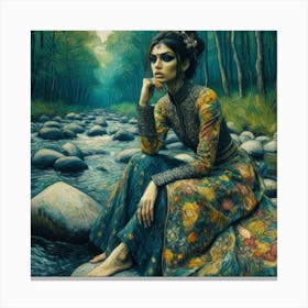 Woman Sitting By A River Canvas Print