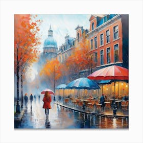 Amsterdam cafes, autumn season, rain, autumn oil colours.Faded colours,People passing on the street, winter clothes, rain umbrellas.15 Canvas Print