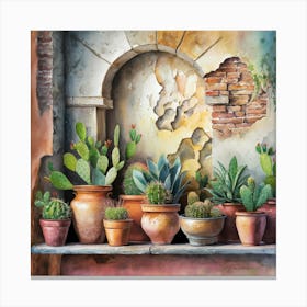 Watercolor painting of an old, weathered wall with cracked stone and peeling paint. The background features various sizes and shapes of terracotta pots on the shelf below. Each pot is filled with vibrant cacti or succulents, 6 Canvas Print