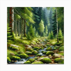 Stream In The Forest, Acrylic Painting Style 7 Canvas Print