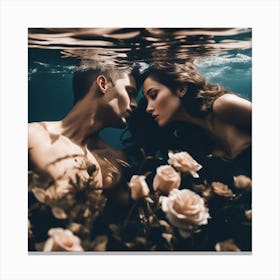 Tyndall Effect, A Beautiful Man Ans Woman Lies Underwater In Front Of Pale Black Roses ,Sunbeams In (1) Canvas Print