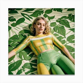 A Queer Model In A Yellow And Green Striped Top Lays On A Green And White Leaf Print Backdrop The Sc 1761942181 Canvas Print