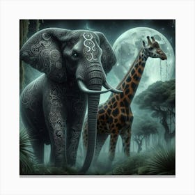 Giraffe And Elephant In The Jungle Canvas Print