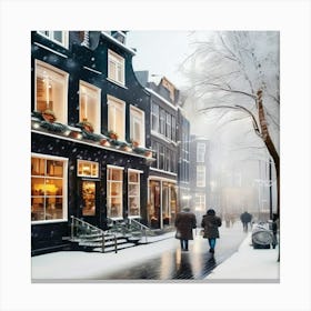 Amsterdam cafes, winter season, Christmas, pale colors, pedestrians in the street, winter clothes, falling snow.3 Canvas Print