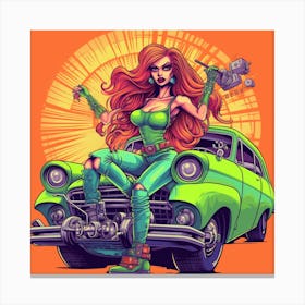 Girl In A Green Car Canvas Print