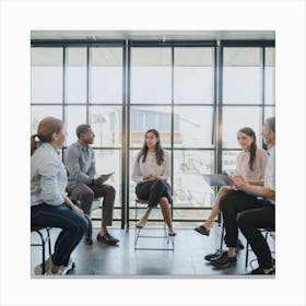 An expressive and diverse group of employees engaged in a casual, yet professional, meeting or discussion in a modern office space. This image communicates collaboration, diversity, and a positive work environment, suitable for various business-related applications Canvas Print
