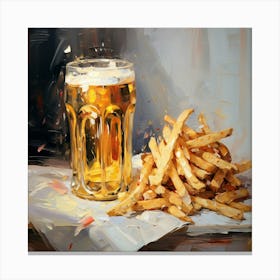 One Beer And French Fries Oil Painting Canvas Print