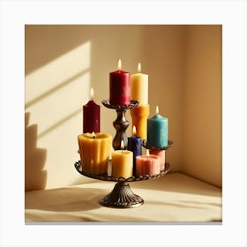 A Image Of Different Color Candles On A Stand 3 Canvas Print