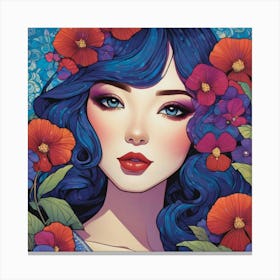 Blue Haired Girl With Flowers 1 Canvas Print