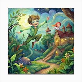 Boy Leaping Towards A Magical Castle With A Girl On The Balcony Canvas Print