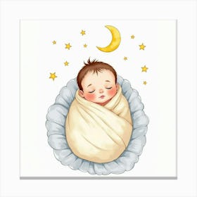 Watercolor Baby Wrapped In A Blanket With A Crescent Moon And Stars Above Canvas Print