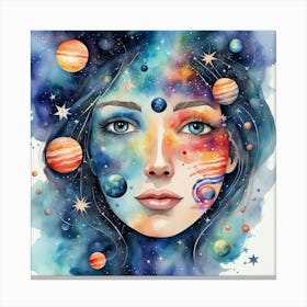 Watercolor Of A Girl With Planets 2 Canvas Print