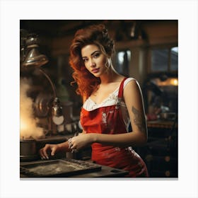 Woman In Red Apron Cooking Canvas Print