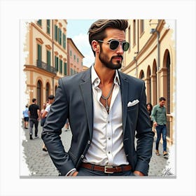 Stylish Italian Man In Watercolor, Attending A Glamorous Evening Event In Rome Canvas Print