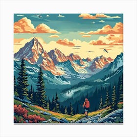 Mountain Landscape Painting, Hike The Globe A Nature Inspired ,Showcasing Mountain Ranges Hiking Trails And National Canvas Print