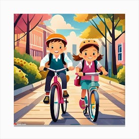 Cartoon Children Riding Bicycles Canvas Print
