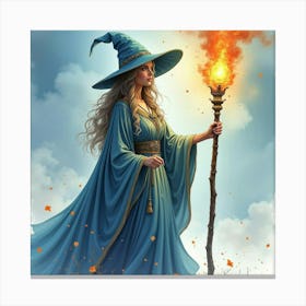 Enchanting Sorceress With A Luminous Staff, Watercolor 1 Canvas Print