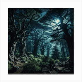 Mystical And Magical Night In The Enchanting Forest Where The Tall And Mighty Trees Seem To Reach Out To The Starry Sky As If Trying To Unravel Its Mysteries While The Soft Moonlight Bathes The Forest Floor In Its Silvery Glow Creating A Truly Bewitching Scene That Will Leave You Mesmerized Canvas Print