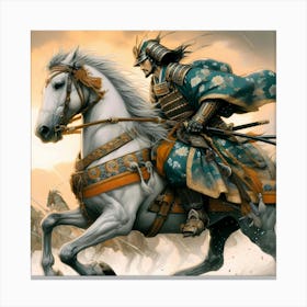 Old Japan War Aera Samurai In Attack On A Horse Color Painting Canvas Print