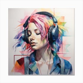 Girl With Pink Hair And Headphones Colourful Geometric Watercolour And Pencil Canvas Print