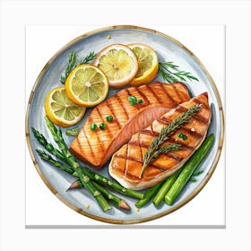 Grilled Salmon With Asparagus And Lemon Slices Canvas Print