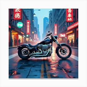 Chopper Bike On A Dynamic Urban Street With Neon Lights Watercolor 1 Canvas Print