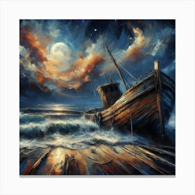 Forgotten Fishing Boat: Moonlit Waves Tale in Greg Rutkowski's Oil Painting – Bold Strokes & Studio Photo with Sharp Focus. Trending on ArtStation for Moon Sky Stylization, Intricate Details, and Highly Detailed Artistry. Canvas Print