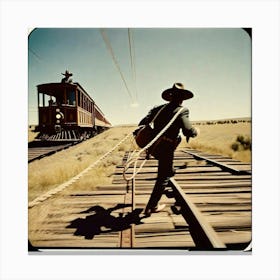 Cowboy On A Train Track Canvas Print