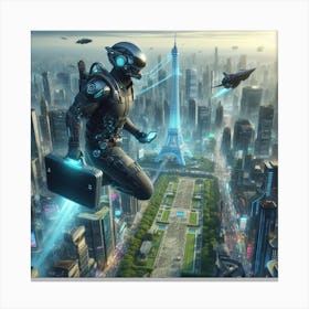 Futuristic Man Flying Over City Canvas Print