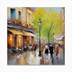 Paris Street Scene Paris city, pedestrians, cafes, oil paints, spring colors. 1 Canvas Print
