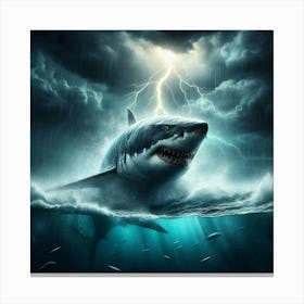 A Gigantic Great White Shark Breaches the Ocean's Surface During a Thunderstorm with Lightning in the Background Canvas Print