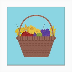 Wicker Basket With Fruits And Dairy Products Icon In Flat Design Canvas Print