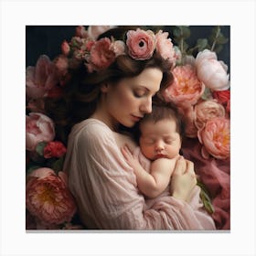 Mother And Baby In Flowers Canvas Print