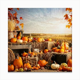 Autumn Harvest Scene Arranged Rustic Style Brimming With Seasonal Abundance Pumpkins Nestled Amon (1) Canvas Print