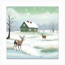 Winter Scene With Deer And House Canvas Print