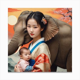 Asian Woman With Elephant Canvas Print