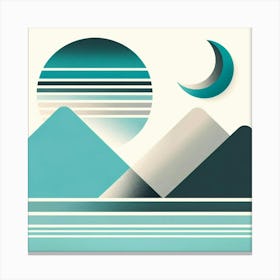 "Turquoise Twilight: Abstract Mountain Vista"  "Turquoise Twilight: Abstract Mountain Vista" portrays the serene moment of dusk as a crescent moon appears over layered mountain peaks. The cool turquoise tones and soft gradients create a tranquil and refreshing scene, offering a modern twist to any living space or office seeking a blend of calm and contemporary design. Canvas Print
