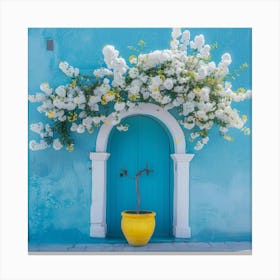 Blue Door With Flowers Canvas Print