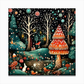 Doodle Fantasy Whimsical Forest Animal Snow Dark Night Winter Canvas Print