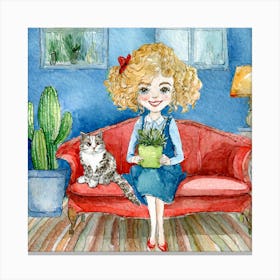 Watercolor Girl With Cat Canvas Print