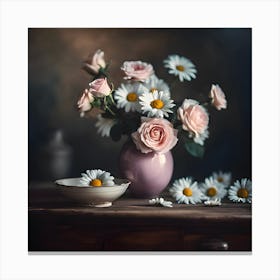 Still Life with White Daisies, Pink Roses and Enamel Dish Stampe su tela