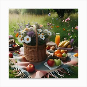 A Picnic On A Green Meadow With A Basket Of Fruits And Flowers Canvas Print