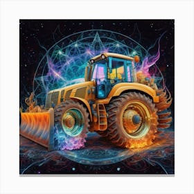 Yellow bulldozer surrounded by fiery flames 5 Canvas Print