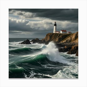 A Rugged Coastal Scene With Waves Crashing Against Dramatic Cliffs And A Lighthouse Standing Tall 2 Canvas Print