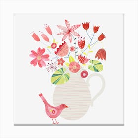 Bird With Jug Of Flowers Canvas Print