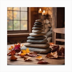 A Pyramid Of Rocks Sits On A Wooden Table Surrounded By Fallen Leaves, Flowers, And A Chair In A Cozy Natural Indoor Setting 3 Canvas Print