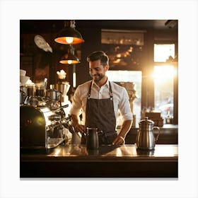 Cafe Interior Early Morning Barista Clad In A Crisp Apron With Visible Badges Of Skill Steam Waft (1) Canvas Print