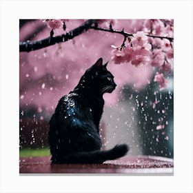 Black Cat beneath the Pink Cherry Blossom Tree Canvas Print