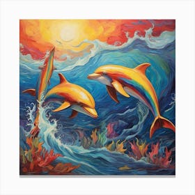 Van Gogh style, Rainbow dolphins Canvas Print