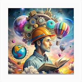 Man In A Hard Hat Holding A Book With A Surrealistic Background Canvas Print